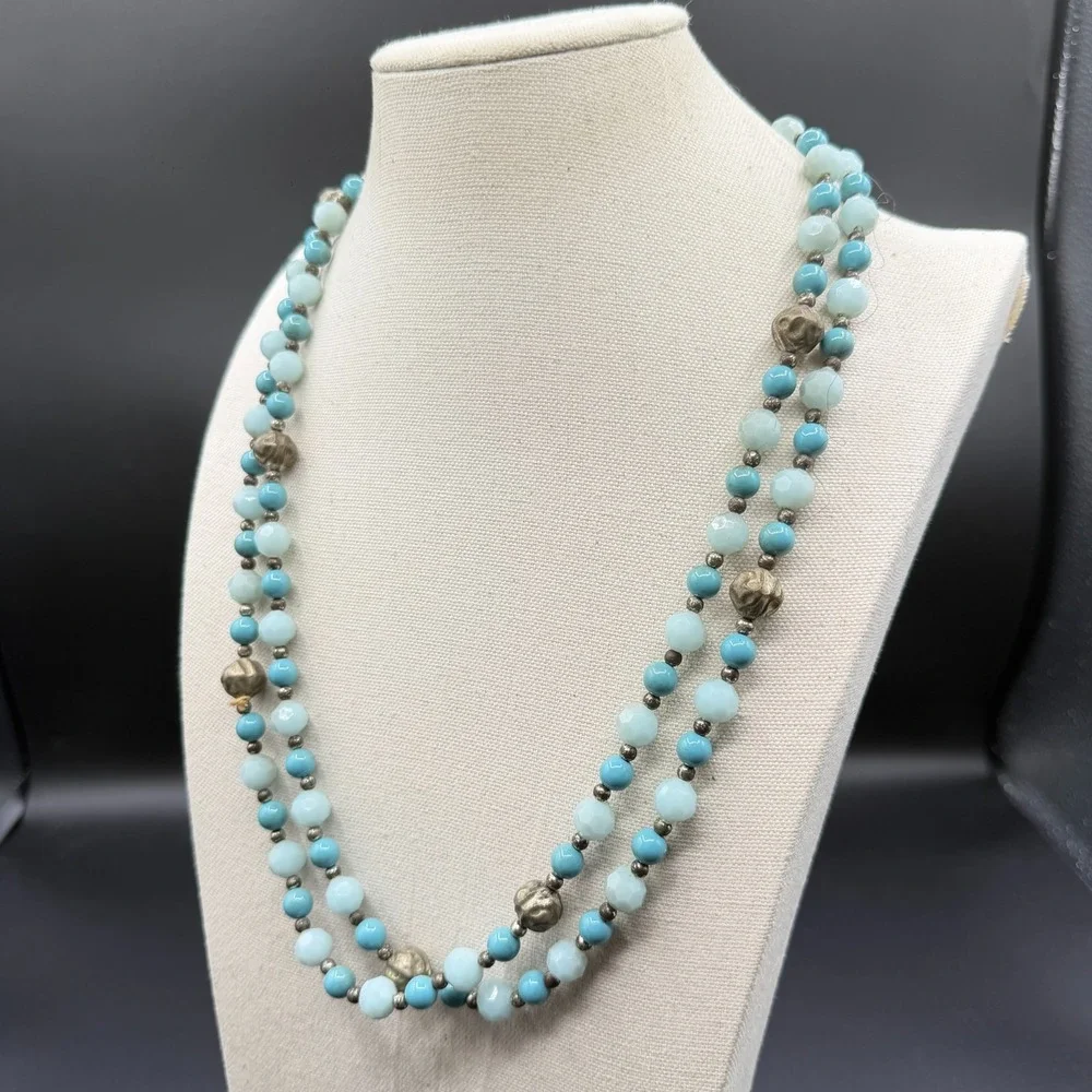 Turquoise & Silver Tone Blue Beaded Double Strand Necklace Faceted Boho Jewelry